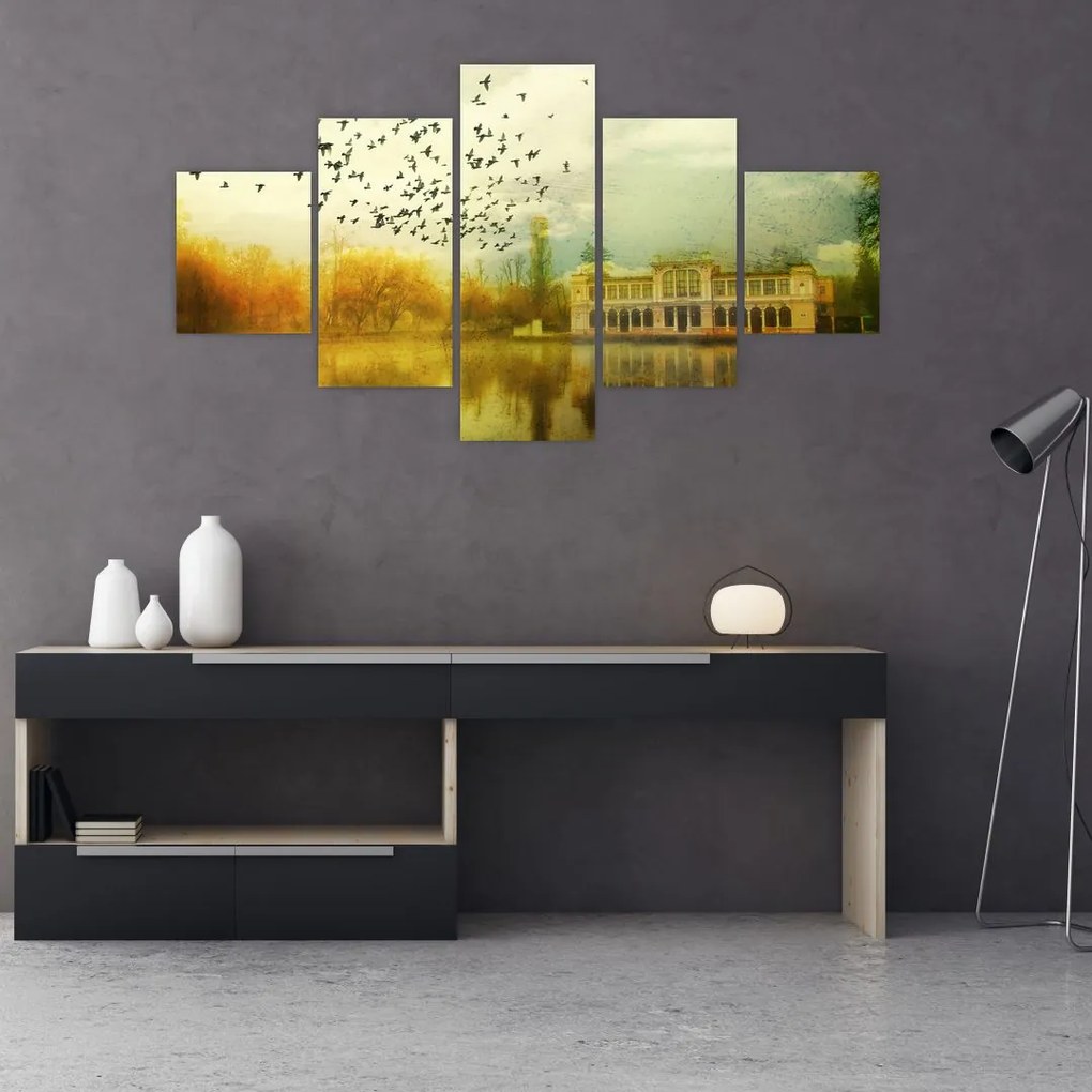 Obraz namalowanego krajobrazu z rezydencją (125x70 cm)