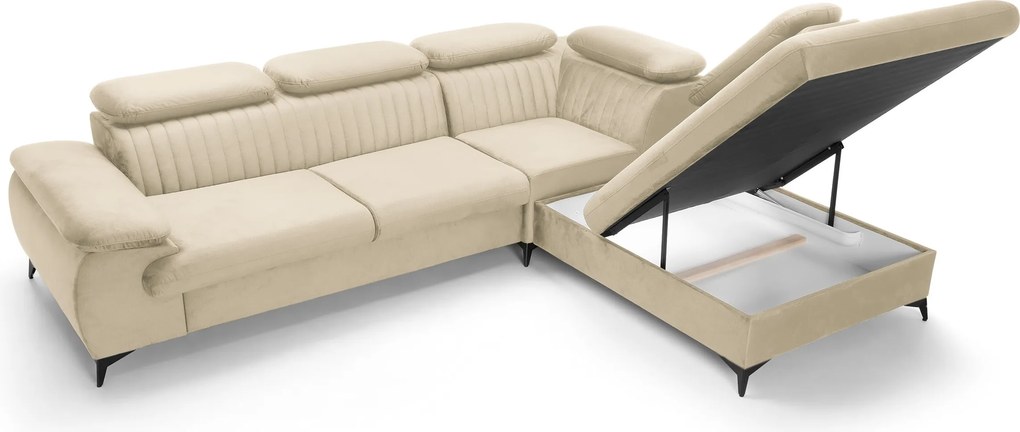 Masseno Narożnik FIORE z funkcją spania i pojemnikiem na pościel Narozniki L, Rozkładana sofa - Kremowy, MONOLITH 02