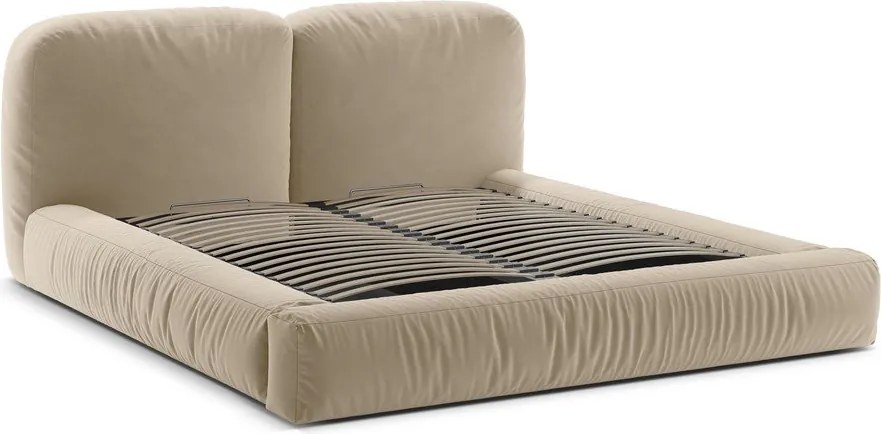 Beżowe tapicerowane łóżko dwuosobowe ze schowkiem ze stelażem 160x200 cm Martina – Micadoni