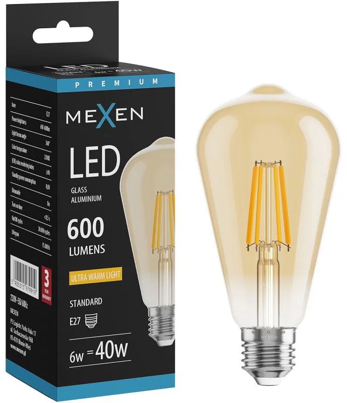 Mexen Vintis żarówka filament LED E27, ST64, 6W, Ciepła - 2200K, 600 lm, amber - L152-E27-0622-50