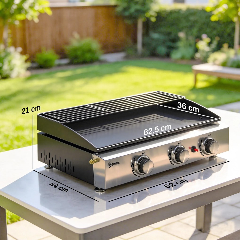 Outsunny Grill Gazowy 7,5 kW Przenośny Stołowy z 3 Palnikami Powłoka Ceramiczna Ruszt do Podgrzewania | Aosom PL