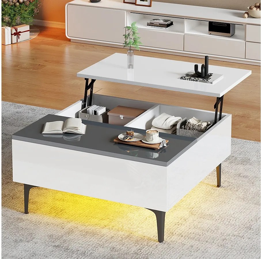 Biały stolik kawowy - Stolik kawowy z oświetleniem LED i 1 szufladą - regulowana wysokość - do salonu