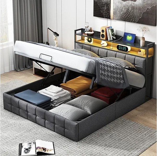 Łóżko podwójne 160x200 cm szare z tkaniny lnianej z LED RGB, hydraulicznym schowkiem i wbudowanymi portami USB/Type-C