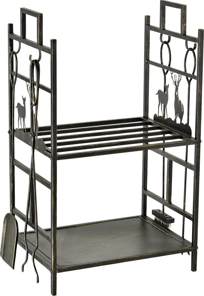 Stojak na drewno kominkowe Outsunny z zestawem narzędzi kominkowych, regał na drewno kominkowe, żelazo, złote, 51,5x33x77 cm