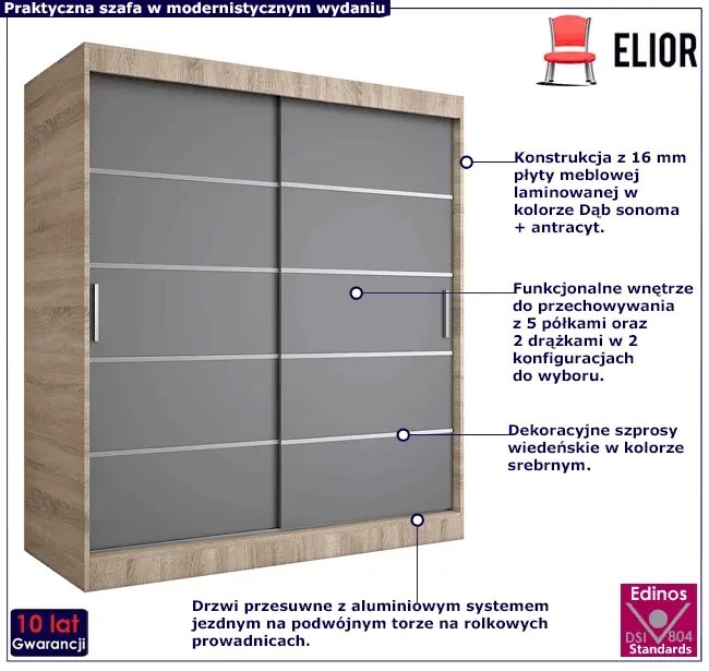 Szafa przesuwna dąb sonoma + antracyt 180 cm N0-N21