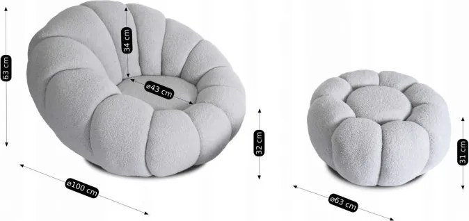 Fotel Wypoczynkowy Obrotowy PETTIT Szary z Pufą w Tkaninie Teddy Boucle