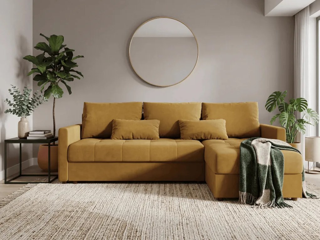 PROMOCJA Rozkładana obustronna sofa narożna do L VENORIA 220x143 cm, musztardowa + 2 poduszki GRATIS II. jakość