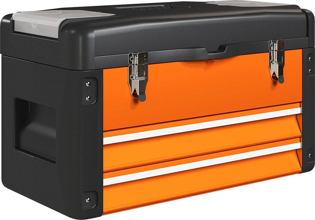HOMCOM Pusta Skrzynka na Narzędzia, 49,7 x 25,3 x 28,9 cm, Skrzynka z Szufladą i Mini-Skrzyneczką, Stal Pomarańczowa