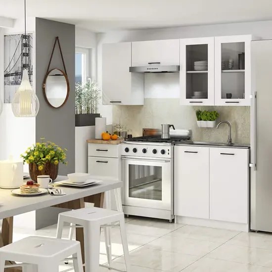 Komplet białych mebli kuchennych z witryną 180 cm D2-P80