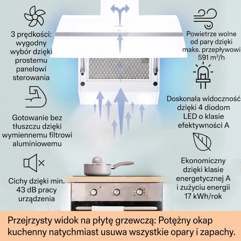 Klarstein Clara Smart 60cm 591m³/h Okap Przyścienny Skośny Biały