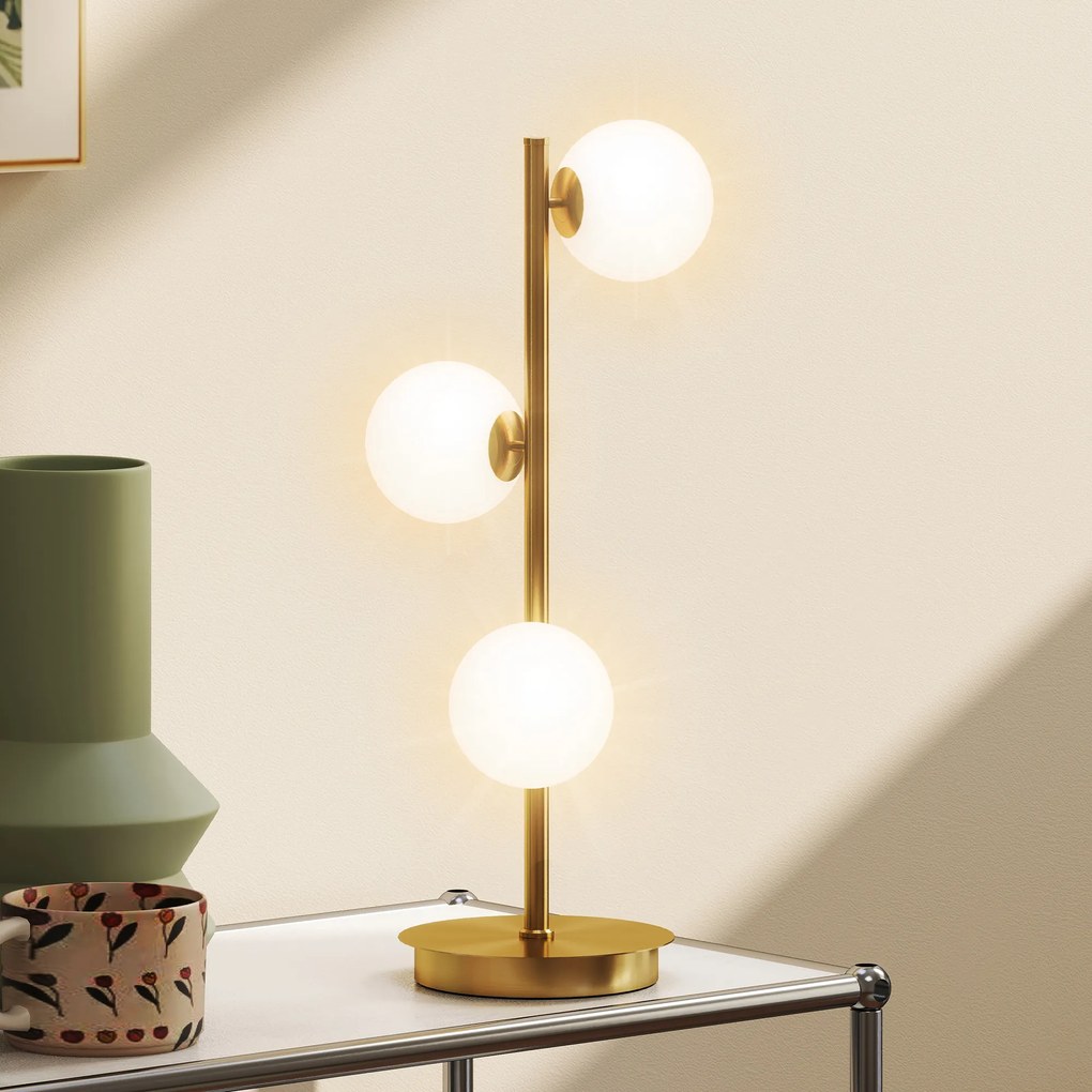 HOMCOM Lampa stołowa z 3 kulistymi kloszami, z solidną stalową podstawą, oprawki G9, 24 x 24 x 53 cm, mosiężny