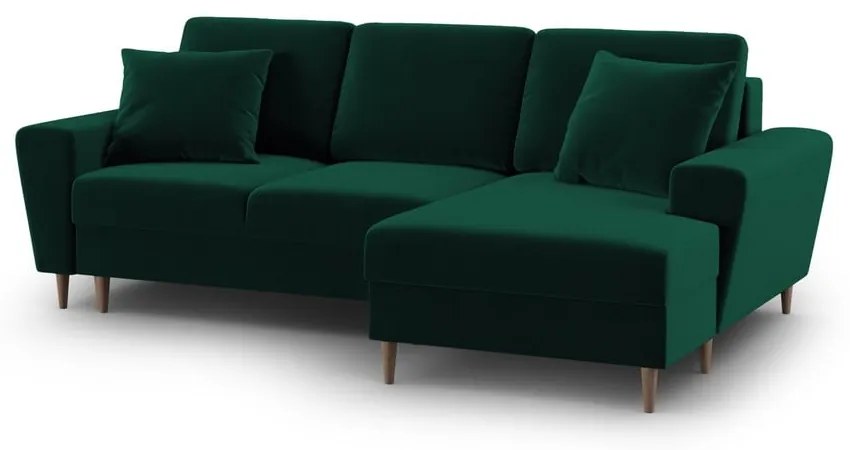 Zielony aksamitny rozkładany/ze schowkiem narożnik (prawostronny/z szezlongiem) Kyoto – Cosmopolitan Design