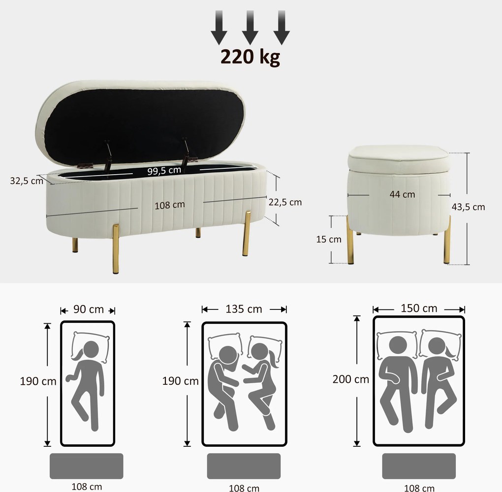 HOMCOM Ławka z klapą i schowkiem, materiał pokryty, metal, Kremowy + Złoty