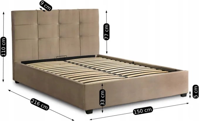 Łóżko Tapicerowane 140x200 cm ze Stelażem i Pojemnikiem Dwuosobowe TINGA Welurowe Beżowe Sypialniane