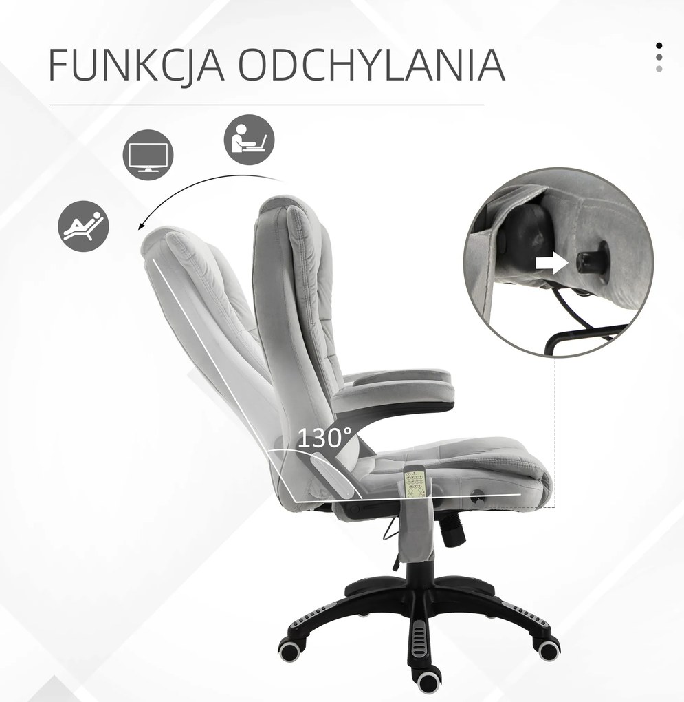 Vinsetto fotel biurowy do masażu krzesło obrotowe 6-punktowy masaż i ogrzewanie ergonomiczny odchylany do 130° z pilotem do 120 kg szary | Aosom PL