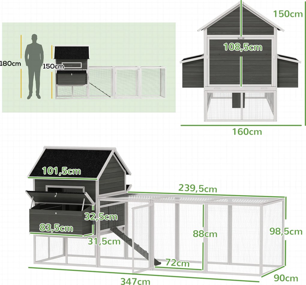 PawHut Drewniany Kurnik z Wybiegiem, Gniazdami i Asfaltowym Dachem, Wysuwana Taca, Dla 8-10 Kur, 347x160x150 cm, Ciemnoszary | Aosom PL