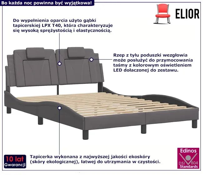 Tapicerowane szare łóżko z podświetleniem LED 140x200 - Izmo 5X