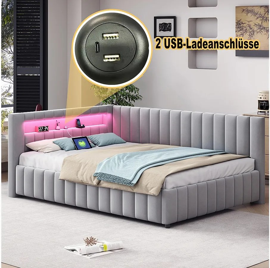 Leżanka 140x200 cm - Szary aksamit - Łóżko dla dorosłych z lampkami LED i portem ładowania USB - Bez materaca