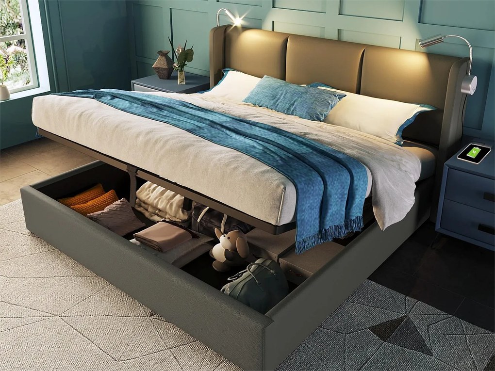 Łóżko ze schowkiem 140 x 200 cm - skóra ekologiczna - lampka do czytania i USB - szare