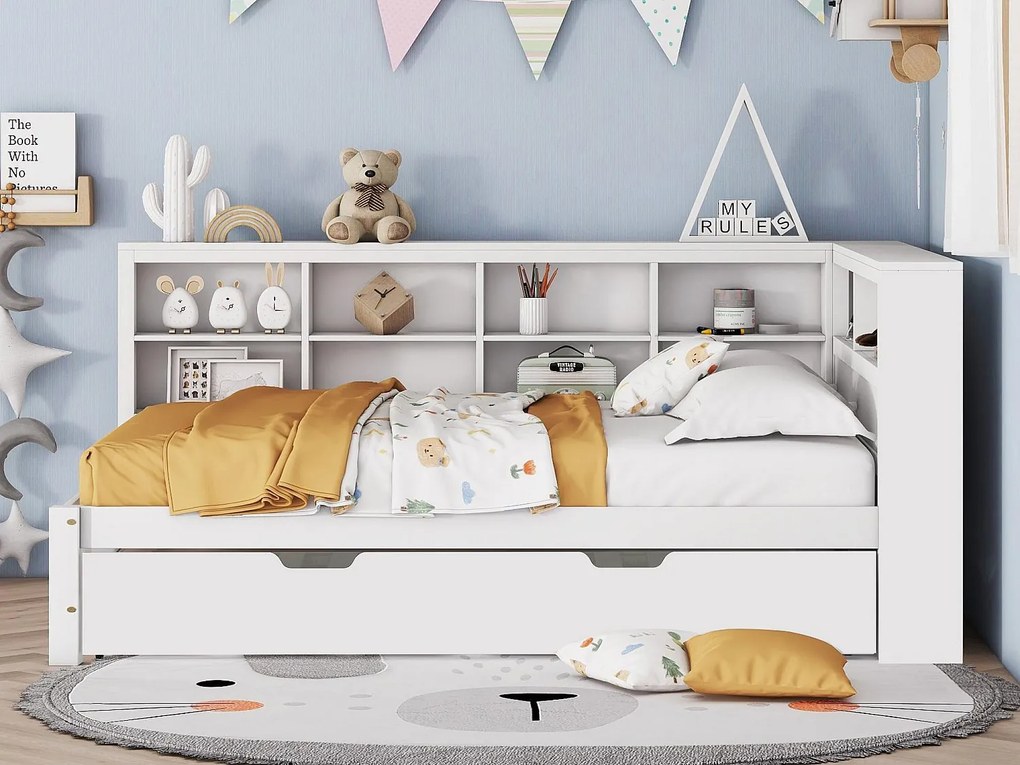 Łóżko banquette 140x200 cm z łóżkiem wysuwanym 90x190 cm - z USB i wieloma schowkami - z litego drewna - Białe