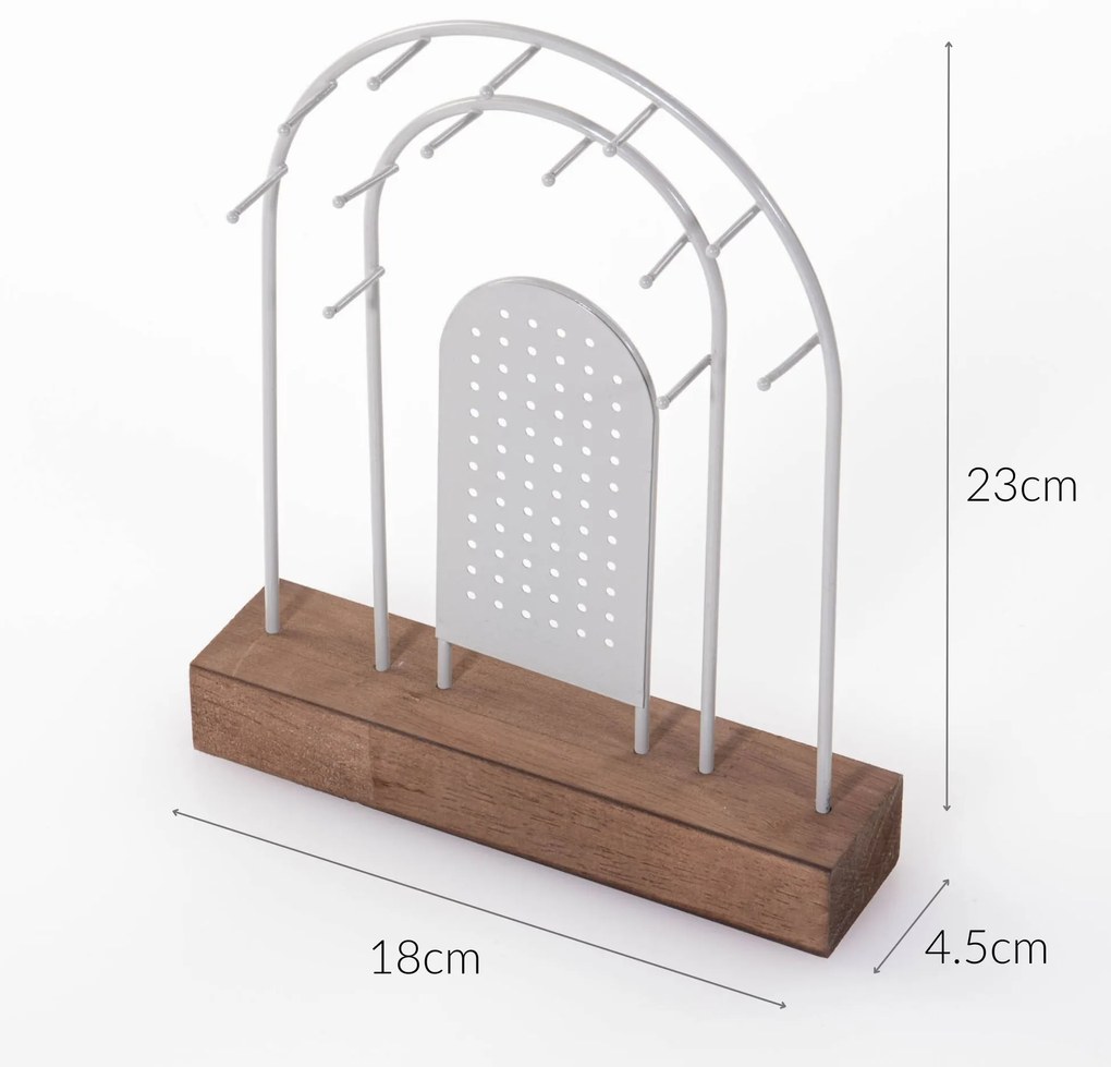 Metalowy stojak na biżuterię, drewniana podstawka, 18 x 4,5 cm