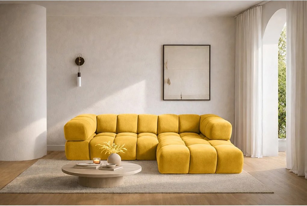 Narożnik w kształcie L Averro, tkanina Bluvel, Złoty, Prawy