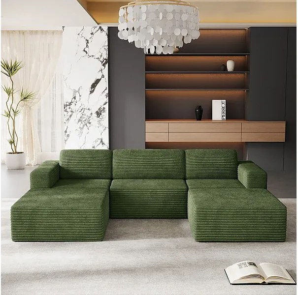 Modułowa Sofa Narożna 3-osobowa w Welurze Żebrowanym, z 2 pufami i 3 poduszkami, 303x202x82cm, Zielony