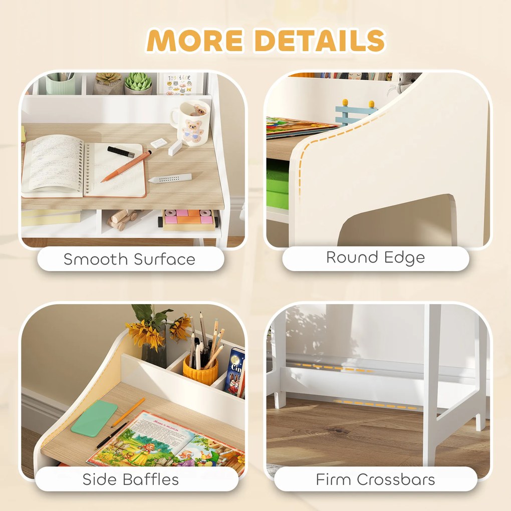 AIYAPLAY Zestaw biurka dla dzieci z miejscem do przechowywania, otwarte półki, krzesło, 3-8 lat, drewno