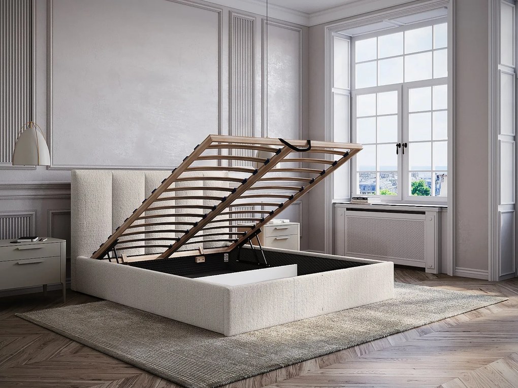 Łóżko ze skrzynią 140 x 190 cm zagłówkiem z pionowymi szwami - Materiał - Beżowy - Z materacem - KILACLO