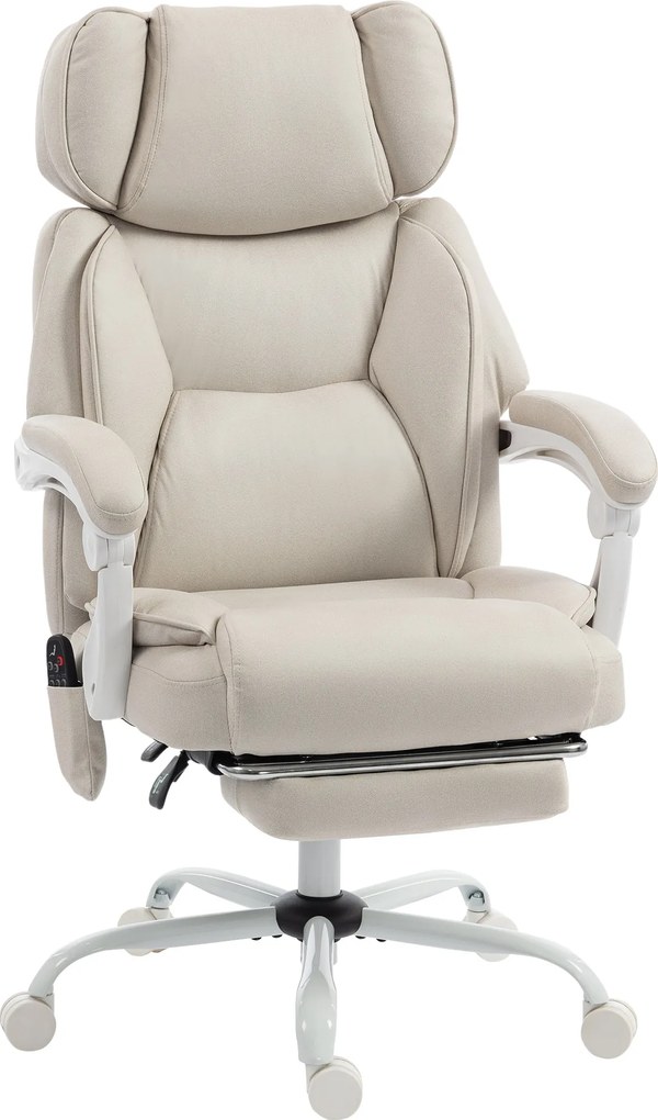 HOMCOM Wysokie krzesło biurowe z masażem wibracyjnym i podgrzewaniem, ergonomiczne, regulowane, z podnóżkiem, kremowobiały | Aosom PL