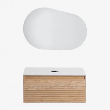 Zestaw Mebli Łazienkowych Z Drewna Jesionowego Tedrik Popielaty Brąz & Without Sink & Owalna Lampa Led I Przeciwmgielna 100x80 Cm Meunier & - Sklum