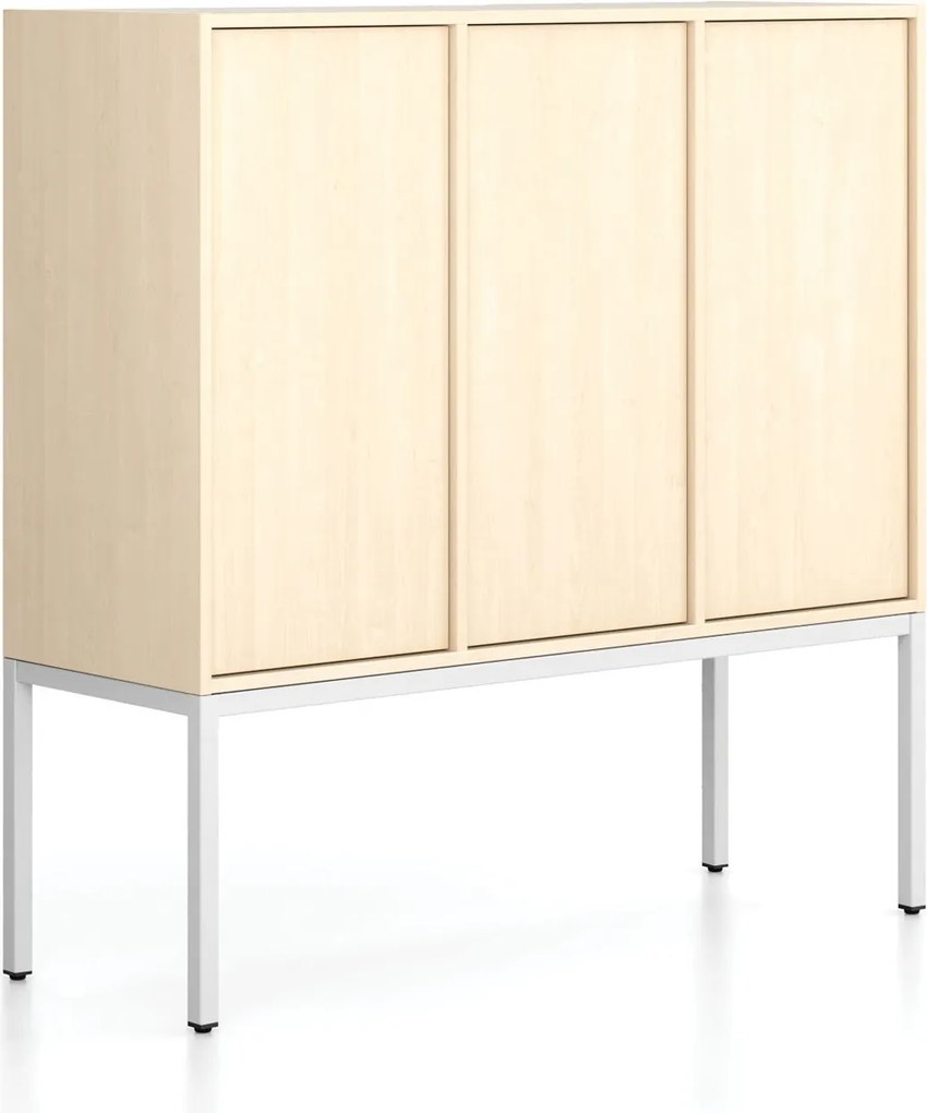 Szafa biurowa FRAME, niska, podstawa biała, 3x drzwi, 1299 x 450 x 1331 mm, PUSH-lock, brzoza