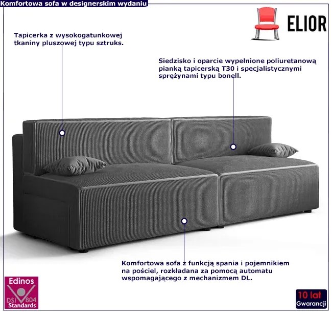 Szara rozkładana sztruksowa sofa - Lider 3X