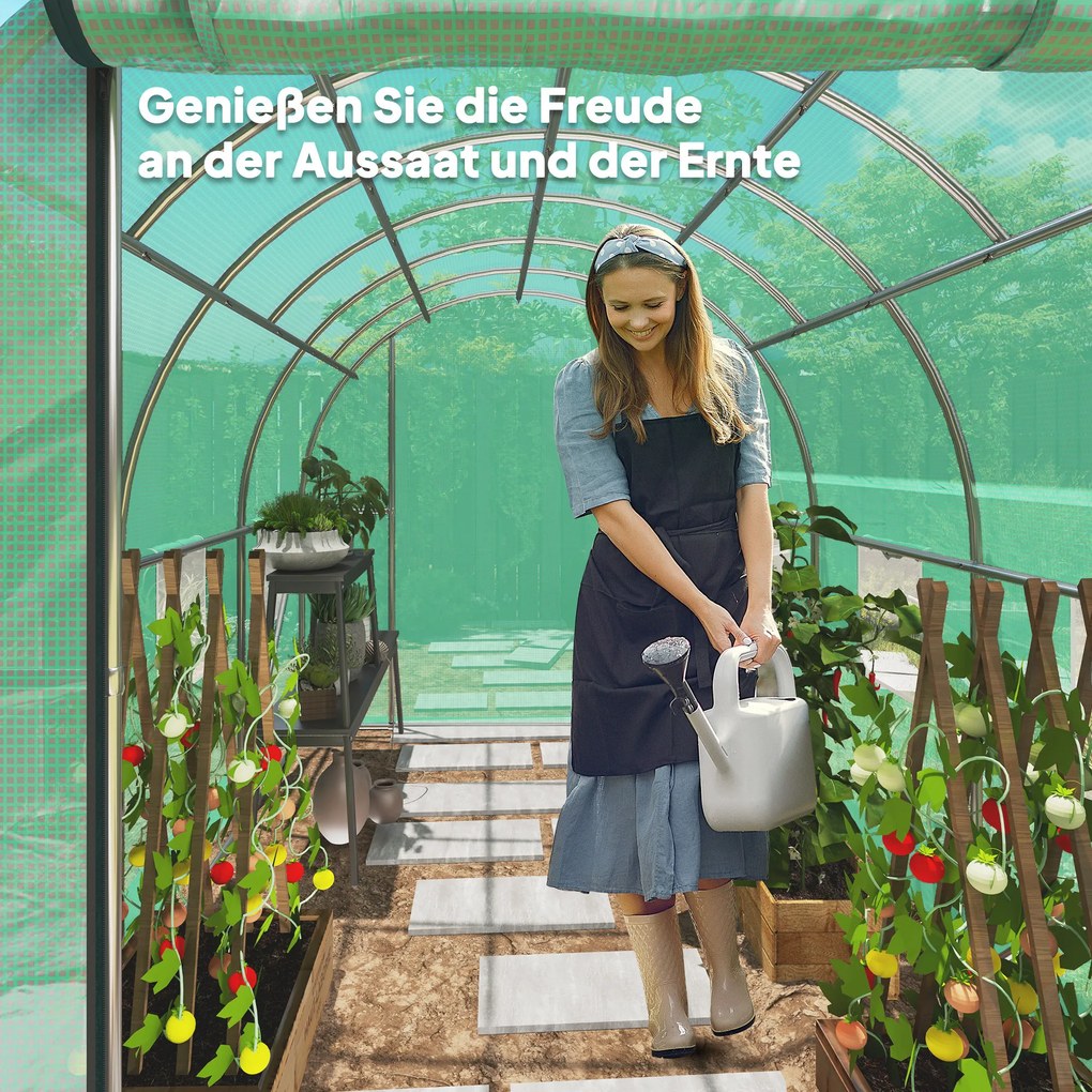 Outsunny Tunel foliowy z pokryciem z tworzywa sztucznego i stalową ramą, chodnikowa szklarnia z drzwiami rolowanymi, Zielony