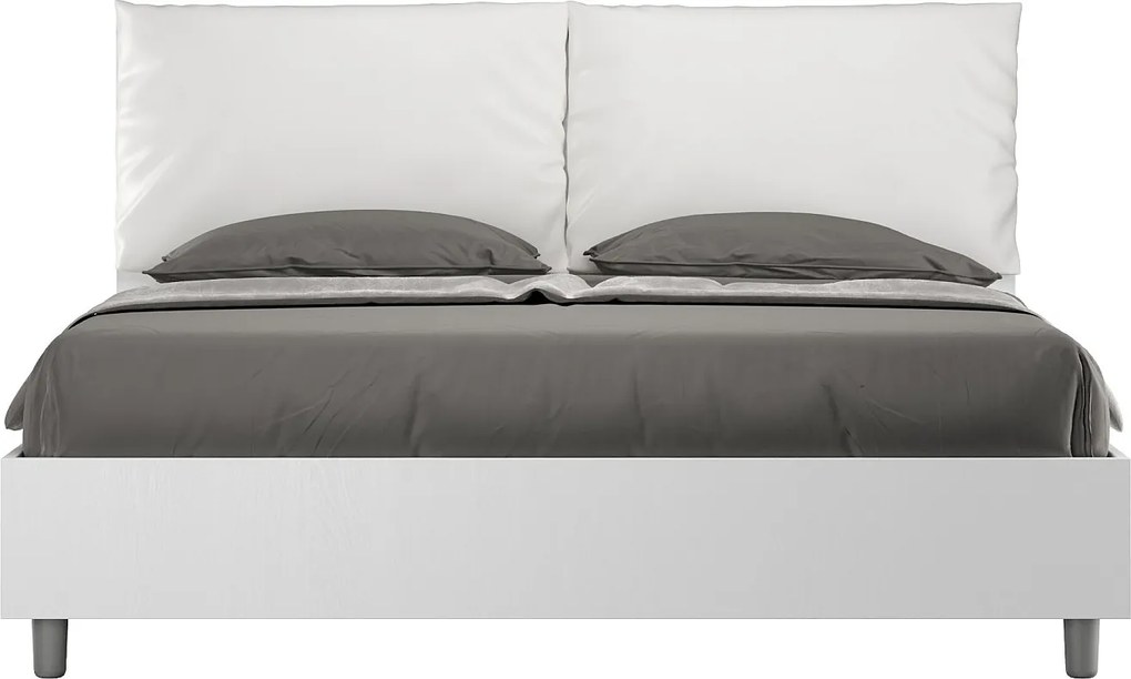 Łóżko podwójne z pojemnikiem, podnoszone, 160x190 cm, drewno jesionowe białe, poduszki z białej skóry ekologicznej, Egos Antea