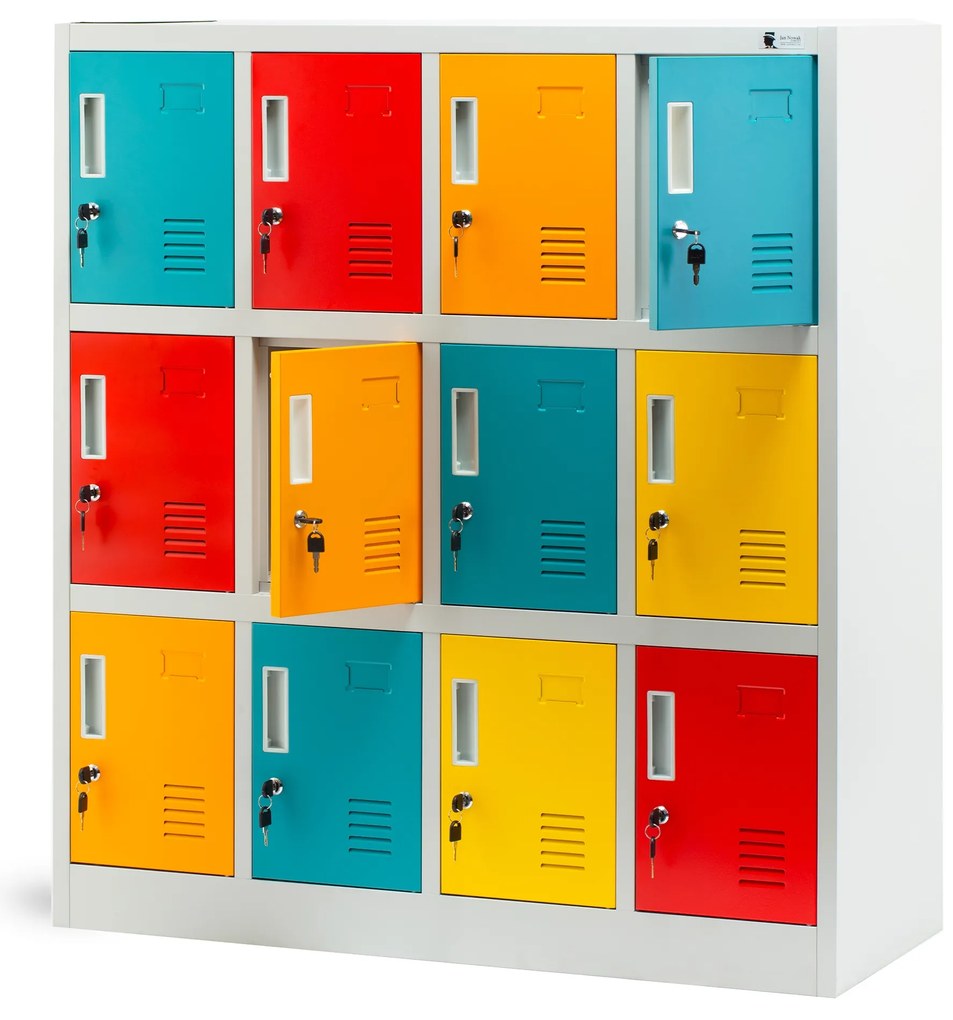 Socjalna szafa skrytkowa BHP do szkół i przedszkoli OLA, 1090 x 1200 x 450 mm, szaro-wielokolorowa