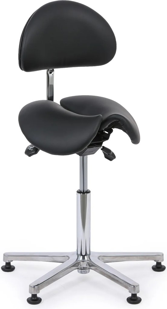 Taboret roboczy z oparciem ARDO, siedzisko w kształcie siodła, na ślizgaczach, czarna