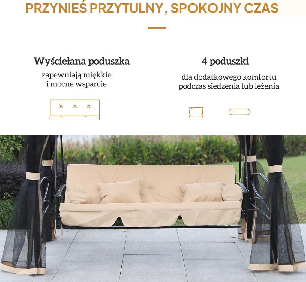 Outsunny Huśtawka ogrodowa 3-osobowa z moskitierą i daszkiem przeciwsłonecznym beżowa | Aosom PL