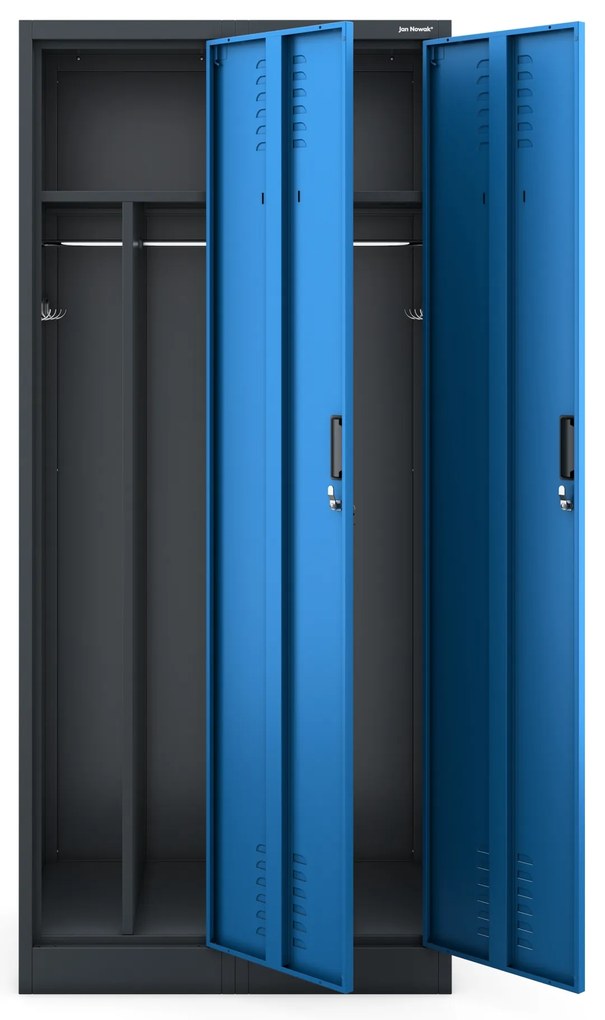 Szafka ubraniowa BHP antracytowo-niebieska: czterokomorowa KACPER, 800 x 1800 x 500 mm