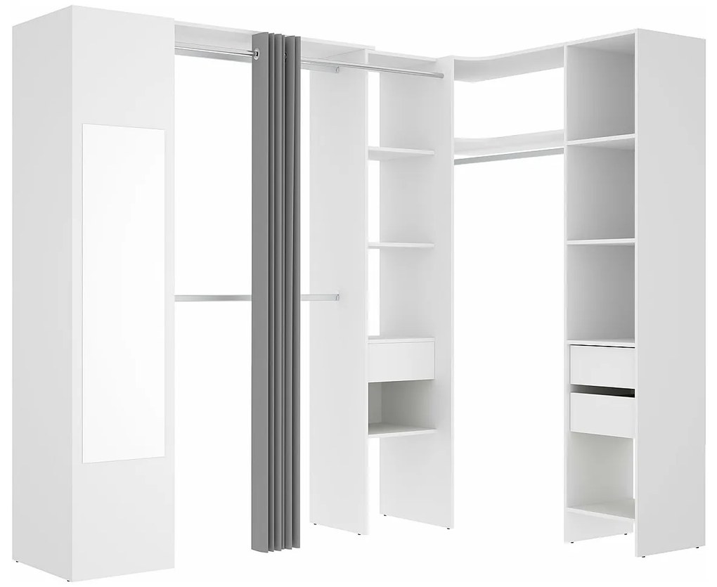 Narożna garderoba z zasłonką 1-drzwiowa – lustro – dł. 231 cm – biała i szara – BERTRAND
