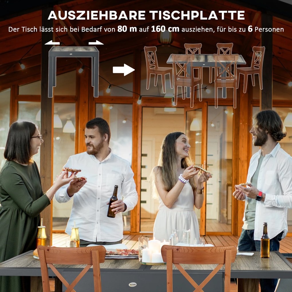 Outsunny Stół ogrodowy, rozkładany, łatwy w pielęgnacji, rama aluminiowa, efekt drewna, 160 x 80 x 75 cm