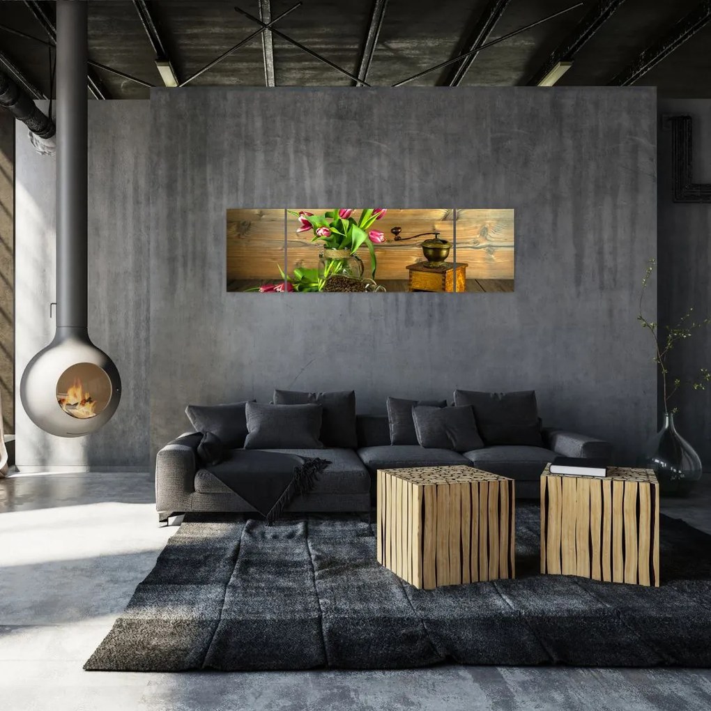 Obraz - tulipany, młynek i kawa (170x50 cm)