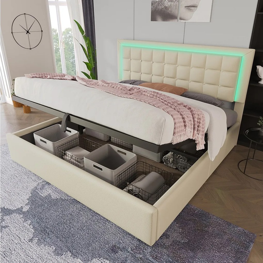 Łóżko tapicerowane dwuosobowe ze schowkiem - 180 x 200 cm - ze stelażem listwowym + oświetlenie LED + hydrauliczny schowek - PU - białe