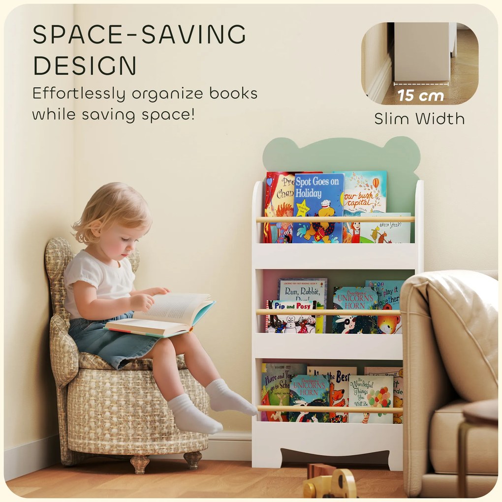 AIYAPLAY Regał na książki dla dzieci, 3-poziomowy regał z motywem misia do książek i zabawek, 55 x 15 x 110 cm, zielony | Aosom PL