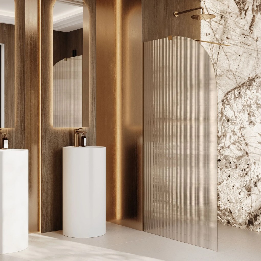 Ścianka prysznicowa WALK IN FIX przezroczysta półokrągła ryflowana 8 mm WELLE Moon Clear MASSI | Różne rozmiary : Kolor profili kabiny - złoty, Szerokość ścianki - 120 cm, Typ montażu - WALK in FIX (Do ściany)