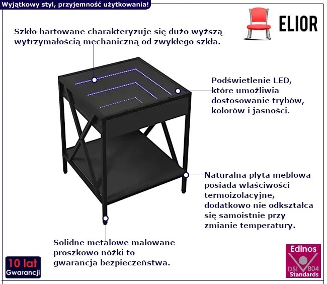 Czarny stolik kawowy z diodami LED Qilo