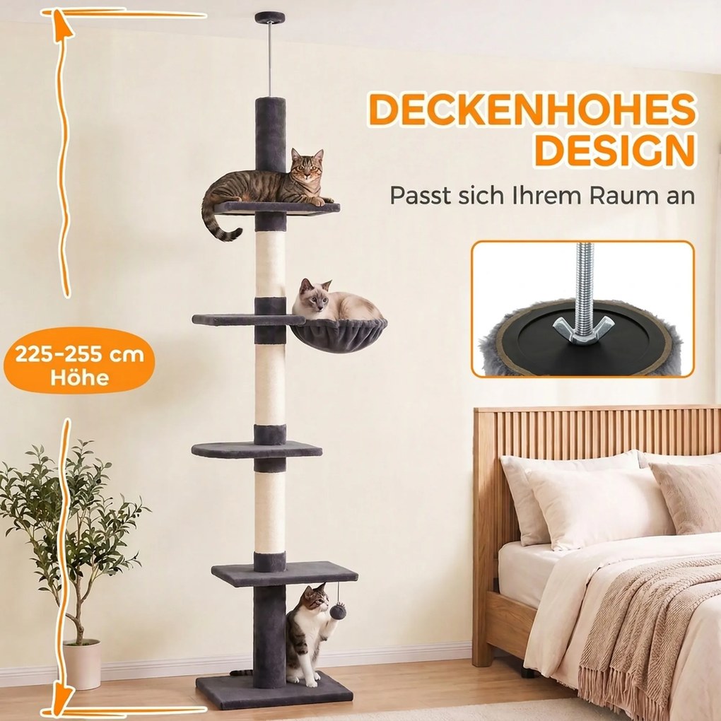 PawHut Drapak sufitowy 225–255 cm regulowany Drapak dla kota z 5 poziomami 3 słupkami z sizalu, hamak, platformy | Aosom PL