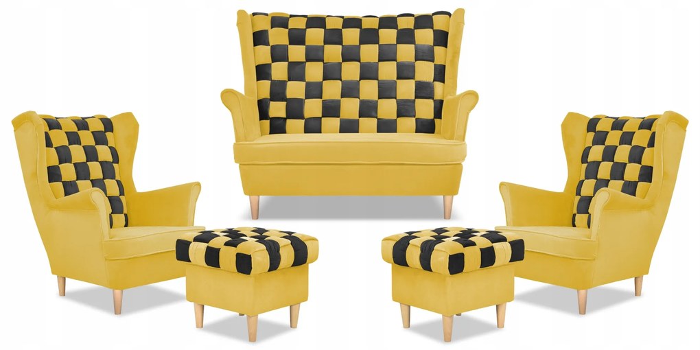 Zestaw uszak CAROL DUO sofa fotele pufy Family Meble żółty miodowy - brąz