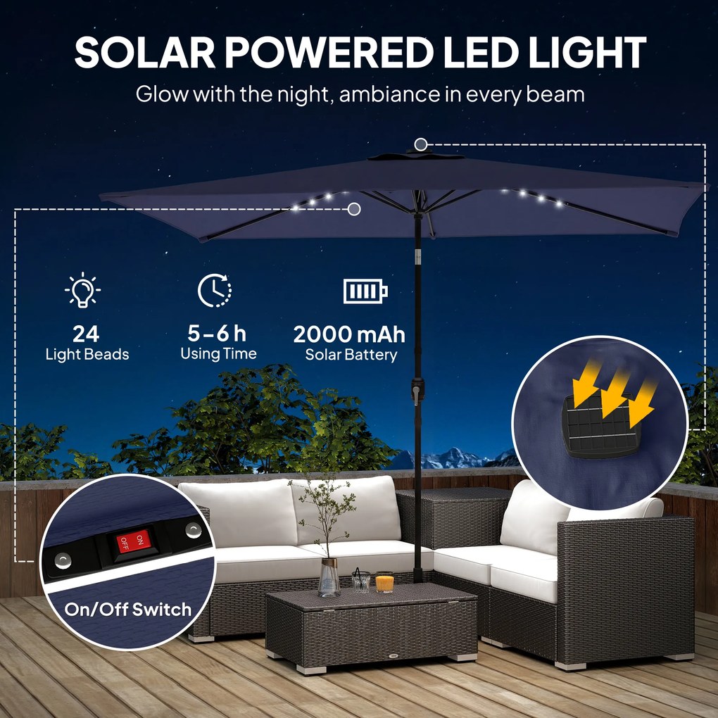 Outsunny Parasol LED Solarny ok. 300 x 200 cm z regulacją kąta, korbką, pokrowcem, ochroną UV, obrotowy, granatowy | Aosom PL