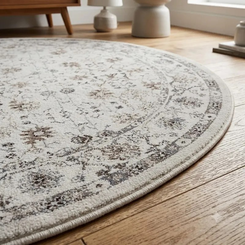 Dywan vintage INKA Floral z Efektem Postarzenia Kremowy koło 120 cm x 120 cm